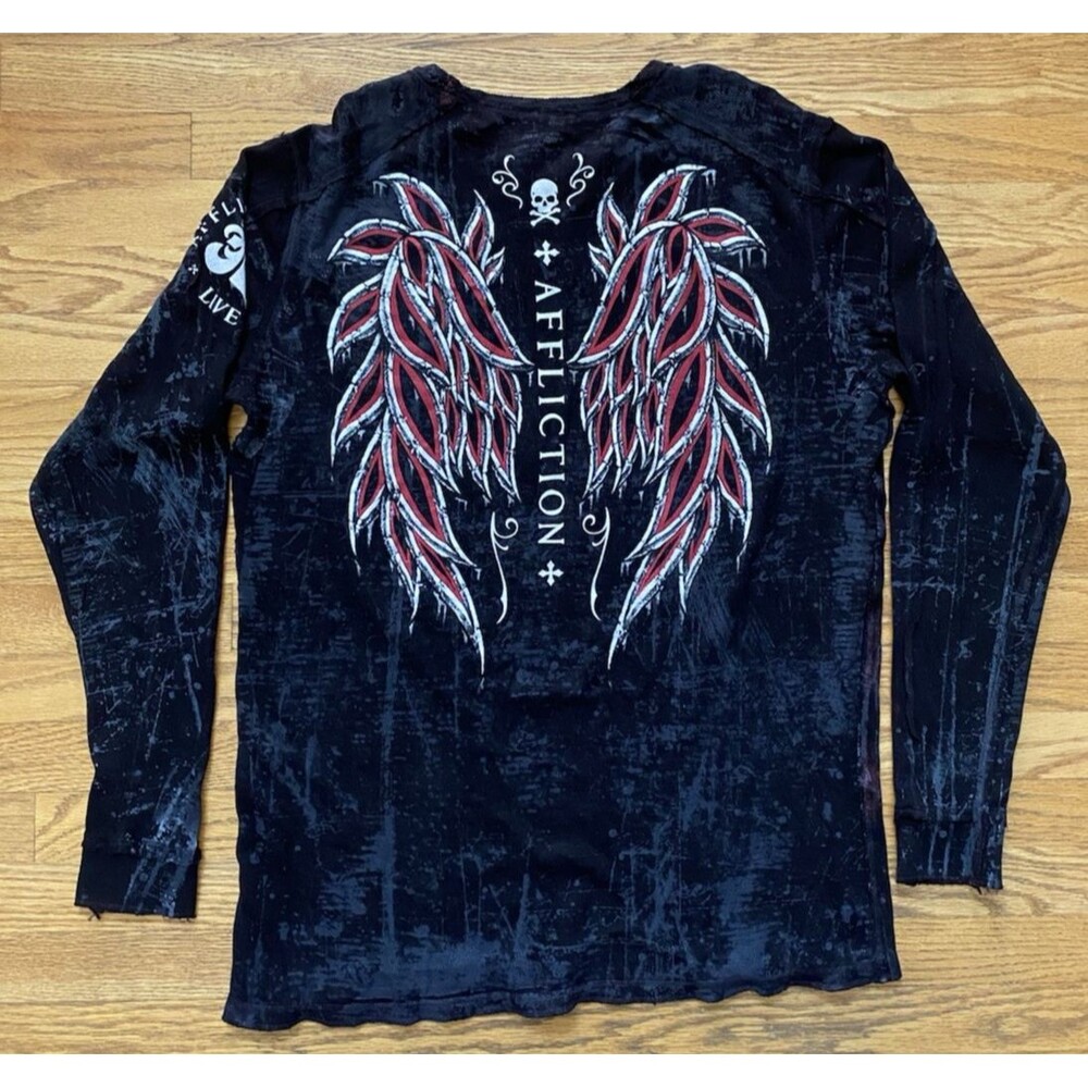 Affliction Live Fast Skeleton Skull Reversible Black Red Graphic Shirt 2XL